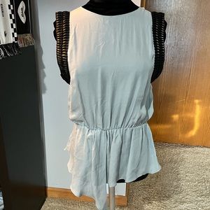 Valentina Shah Gray Sleeveless Scarf Style Peplum Blouse w/Black Leather Details